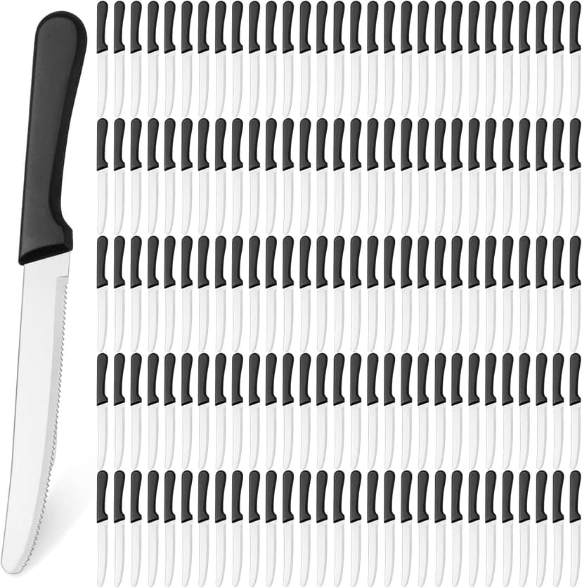 Zhehao 150 Pcs 8.39 Inches Steak Knife Sets Black Stainless Steel Serrated Edge Dinner Knives with Plastic Handle and Round Tip for Home Restaurant