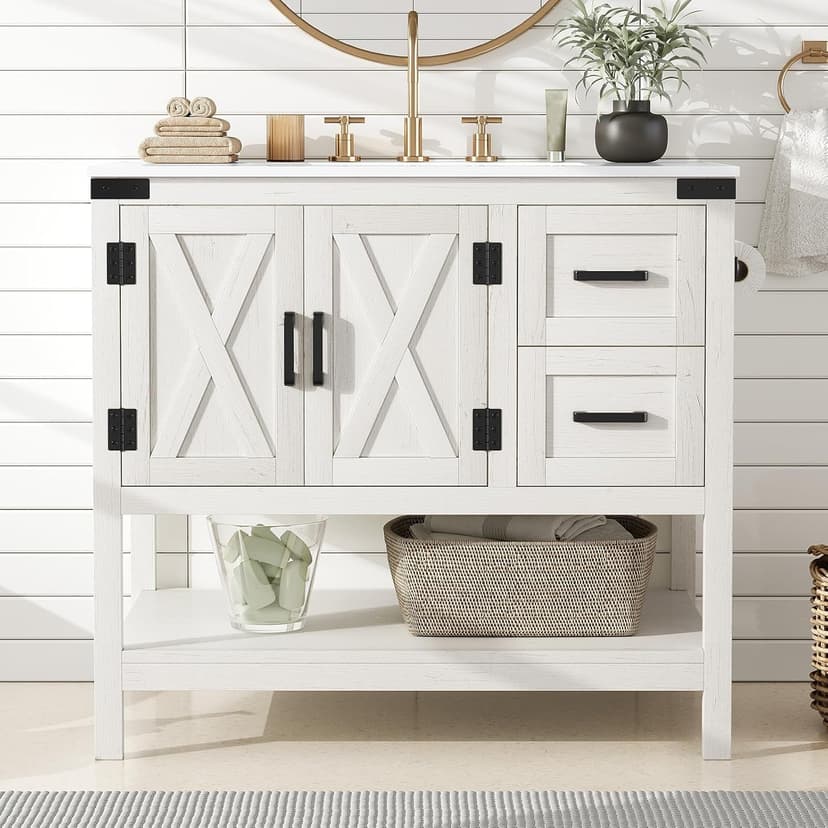AMERLIFE 36" Farmhouse Bathroom Vanity with Sink Combo, Wood Barn Door Freestanding Small Single Bath Storage Cabinet Set with Sliding Drawers & Open Shelf, Paper Towel Holder, Antique White