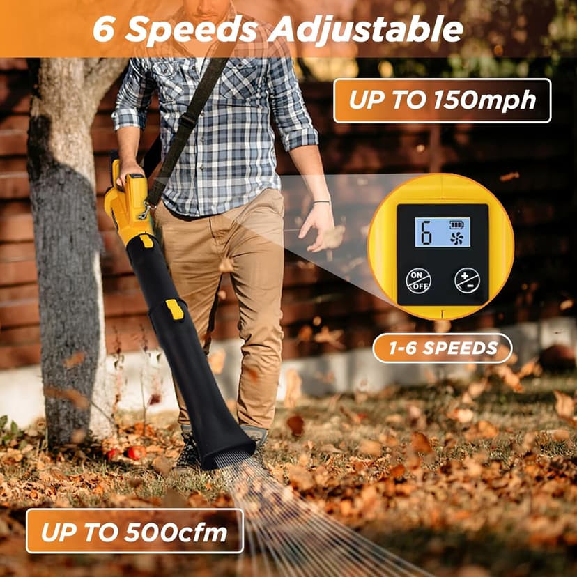 Leaf Blower Cordless, 21V 5.2Ah Battery & Charger, 6 Speed Modes, Digital Display, 500CFM/150MPH Electric Cordless Leaf Blower for Lawn Care, Leaf Blowing, Dust & Snow Removal