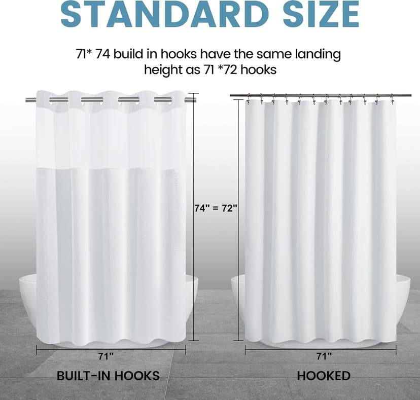White No Hook Shower Curtain with Snap in Liner,230GSM Waffle Weave Shower Curtains for Bathroom,71W x 74H