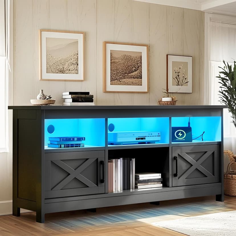 YITAHOME TV Stand for 65 Inch TVs, Entertainment Center with Storage Cabinets, Power Outlet & LED Light, Media Console Living Room Furniture, Black