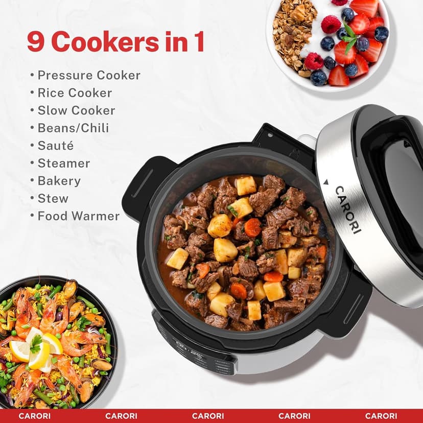 9-in-1 Electric Pressure Cooker 6 Qt, Programmable Multi-Function Cooker with Safer Vent, Olla de Presion, Rice Cooker, Slow Cooker, Steamer, Sauté, Warmer & Sterilizer, 1000W, Stainless Steel