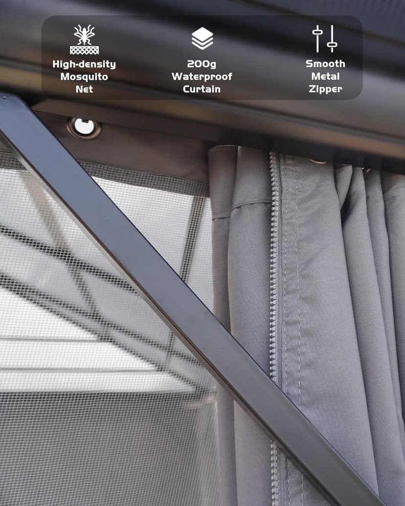 Hardtop Gazebo 10'x12' for All Weather, with Waterproof Double Metal Roof, Aluminum Alloy Frame, Net, and Curtain, Permanent Building for Patio, Deck, Backyard, Lawn, and Garden, Gray