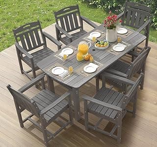HDPE Outdoor Dining Set 7-Piece Patio Table and Chairs with Umbrella Hole, All-Weather Patio Dining Set for 6, Durable Patio Furniture Set for Backyard, Garden, Lawn & Poolside, Grey