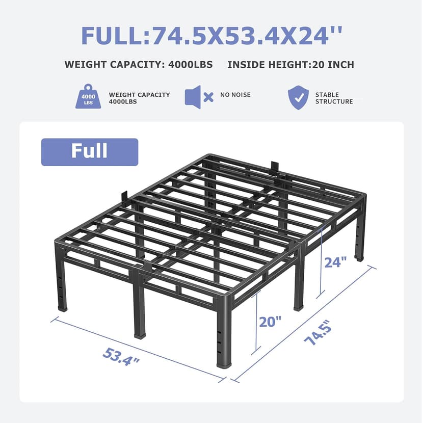NKZ 24 Inch Full Size Bed Frame, Metal Bed Frame & Box Spring 2 in 1 Platform with Round Corner Legs, 4000Lbs Heavy Duty Metal Frame, Mattress Slide Stopper, Headboard Hole, Noise-Free, Easy Assembly