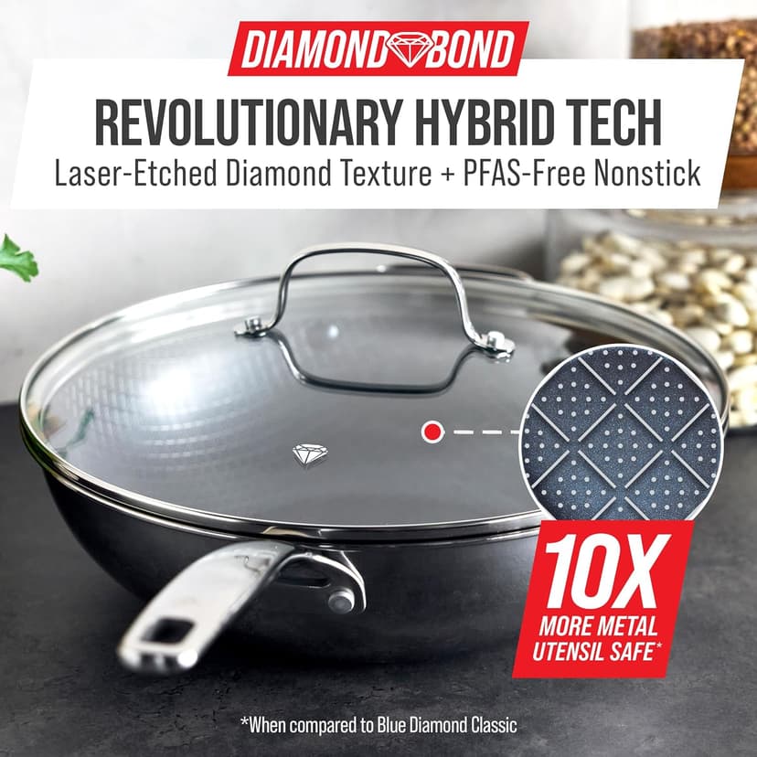 Blue Diamond Hybrid Nonstick Stainless Steel 12” Wok with Lid, PFAS-Free Ceramic Diamond Bond Stir-Fry Pan, Induction Ready, Dishwasher & Oven Safe, Metal Utensil Safe, Stay-Cool Handle, Silver