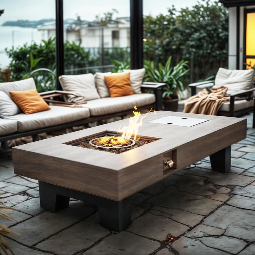 Propane Fire Pit,Outdoor Gas Fire Pit Table with Rain Cover,Rectangular Heater for Patio, Backyard, Deck,50,000BTU Outdoor Modern Patio Fire Pit (Wood, 54)