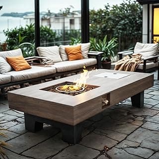 Propane Fire Pit,Outdoor Gas Fire Pit Table with Rain Cover,Rectangular Heater for Patio, Backyard, Deck,50,000BTU Outdoor Modern Patio Fire Pit (Wood, 54)