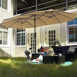 PHI VILLA 15ft Large Patio Umbrella with Base, Double-sided Outdoor Umbrella, Beige