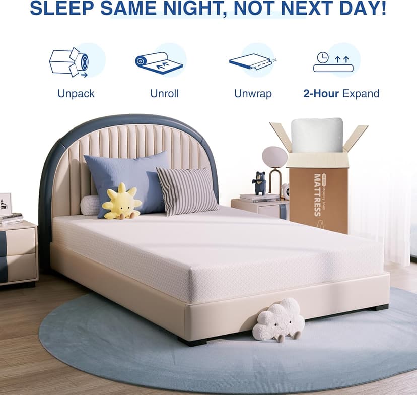 Twin Mattress, 8 Inch Memory Foam for Kids, Cooling Green Tea Gel, Fiberglass Free Comfortable Cover, Medium Firmness, Mattress in a Box, Foam Made in USA, CertiPUR-US Certified