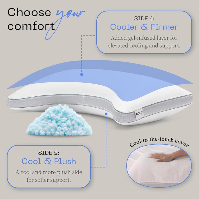 Coop Home Goods Cool+ Crescent Adjustable Pillow, Queen Size Plus Shaped Memory Foam Pillows with Cooling Gel, Neck Support, Back or Side Sleeper Pillow, CertiPUR US/GREENGUARD Gold