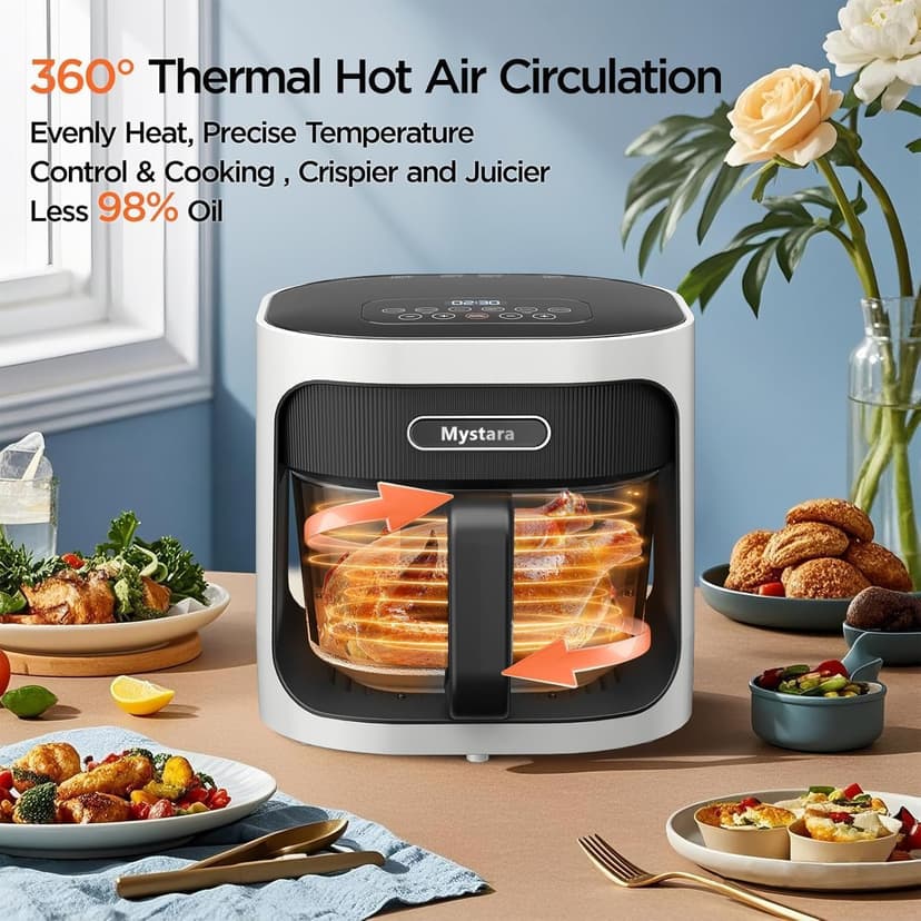 Glass Air Fryer, Digital control panel, 4.5QT Glass Bowl, Hot Air Circulation Technology, Precise Temperature Control, Dishwasher Safe, Transparent and Easy-to-clean Containers(White)