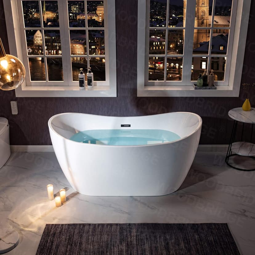 WOODBRIDGE 59" Acrylic Freestanding Bathtub Contemporary Soaking White Tub with Matte Black Overflow and Drain，B0016 -MB-Drain &O