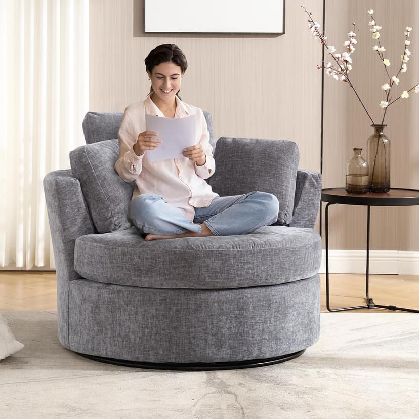42" W Modern Grey Swivel Barrel Chair with 360° Round Metal Base & Soft Chenille Pillows & Thick Cushion, Comfy Oversized Chaise Longue Indoor Living Room, Bedroom Club Reading Armchair (Gray)
