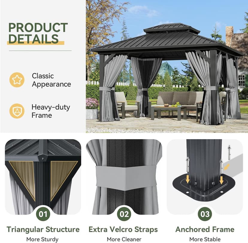 Aoxun 12'x10' Hardtop Gazebo with Light, Aluminum Frame Permanent Pavilion with Curtains and Netting, Outdoor Galvanized Double Roof Canopy, Designed for Garden, Lawns, Patio