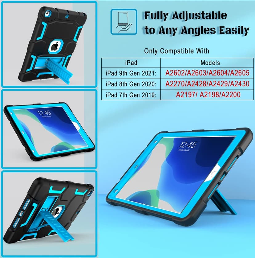 CCMAO iPad 9th Generation Case, iPad 8th/7th Generation Case, iPad 10.2 2021/2020/2019 Case with Kickstand, Heavy Duty Shockproof Hybrid Three Layer Protective Cover for Kids Boy Girl, Black+Sky Blue