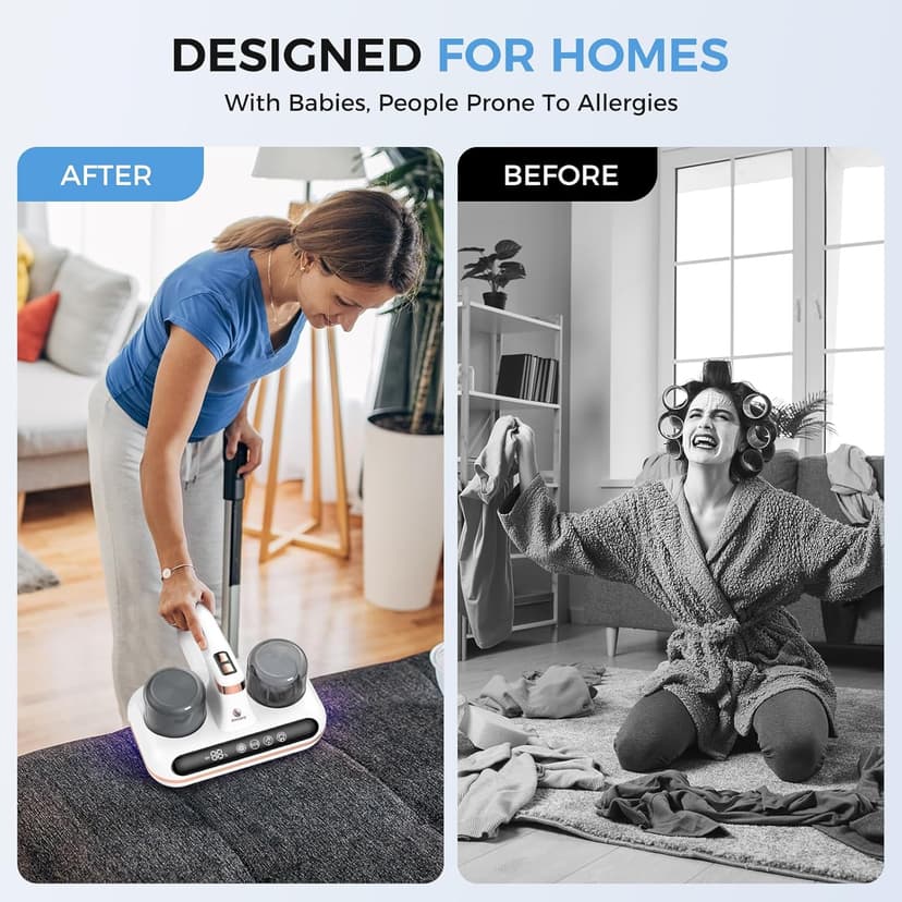 Mattress Vacuum Cleaner - 5-in-1 Cordless Bed Vacuum Cleaner, Powered by UV-C Light & Ultrasonic Technology, 16Kpa Strong Suction,Low Noise,Suitable for Dust, Pet Hair, Etc.