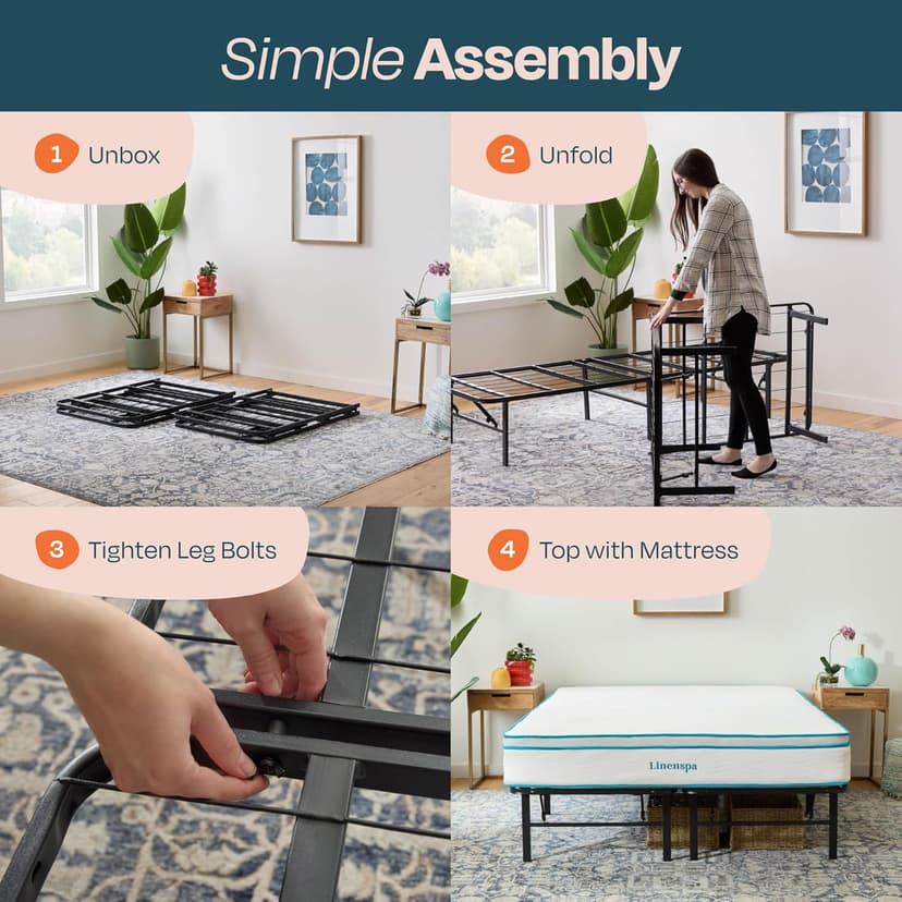 Linenspa Folding Metal Platform Bed Frame - No Box Spring Needed - Underbed Storage - Simple Tool Free Assembly - Mattress Foundation - 14" High - Traditional Design - Sturdy Steel - Full Size