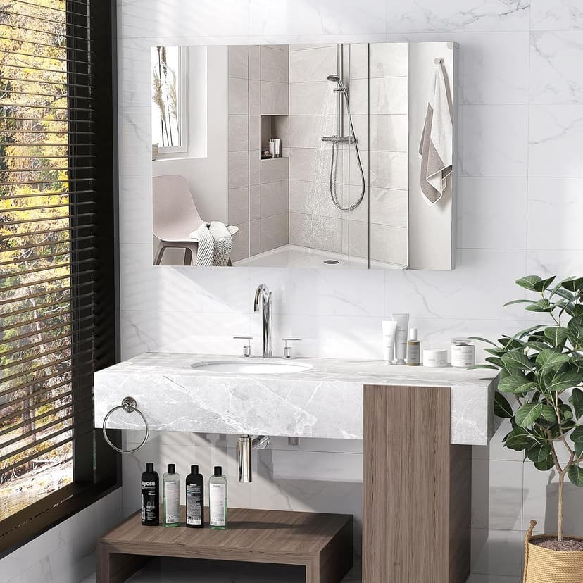 GOFLAME Medicine Cabinet with Mirror, Frameless Bathroom Wall Mounted Mirror Cabinet with 3 Doors and Adjustable Shelves, Bathroom Mirror with Storage, Recess or Surface Mount Installation