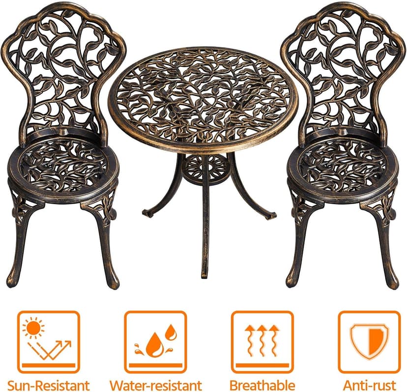 Yaheetech 3-Piece Outdoor Bistro Set w/Leaf Design, Rust-Resistant Cast Aluminum Table and Chairs for Balcony Backyard Garden