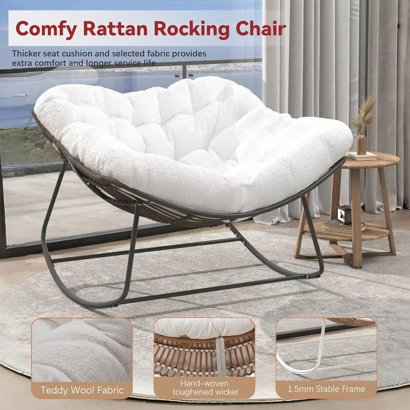 Papasan Rocking Chair, Rattan Rocking Chair, Oversized Outdoor Chair with Deep Seat Thick Cushion, Patio Rocking Chair for Bedroom/Porch/Garden (White & Black)