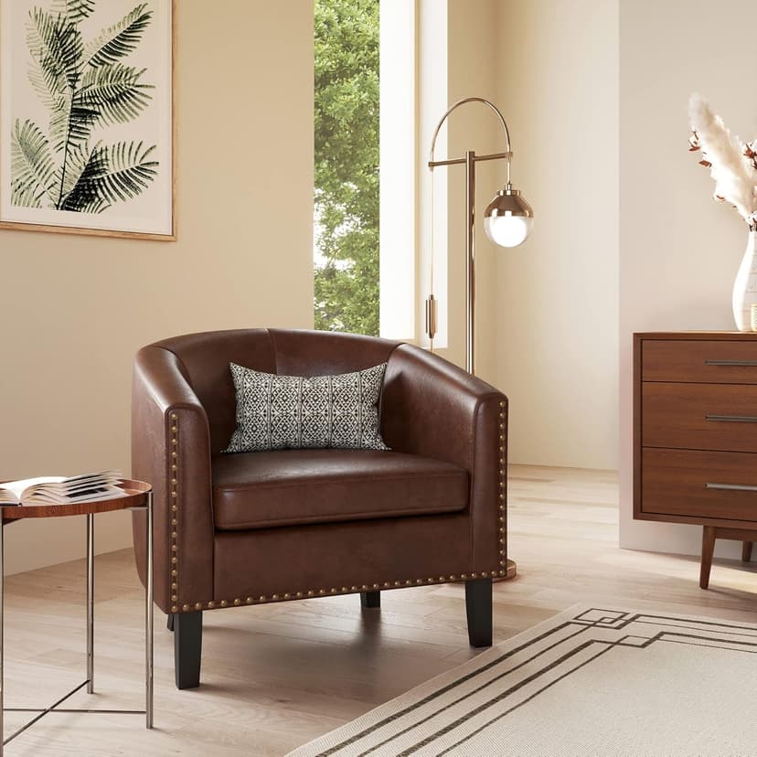 BELLEZE Accent Barrel Chair, Set of 2 Modern Faux Leather Tub Club Chair Upholstered Armchair with Gold Nail Head Trim and Black Legs for Living Room Bedroom Apartment Lounge - Brown