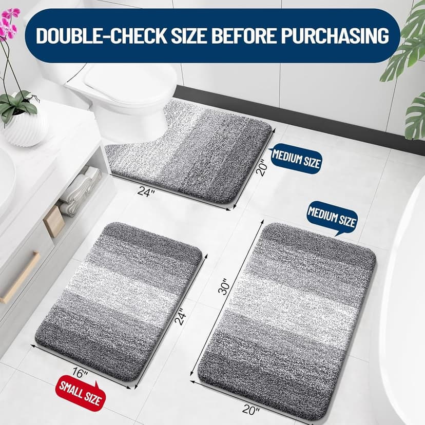 OLANLY Bathroom Rugs Sets 3 Piece, Soft Absorbent Microfiber Bath Mats and U-Shaped Contour Toilet Rug, Plush Shaggy Bath Mat Set for Bathroom (30"x20"+24"x16"+24"x20", Grey)
