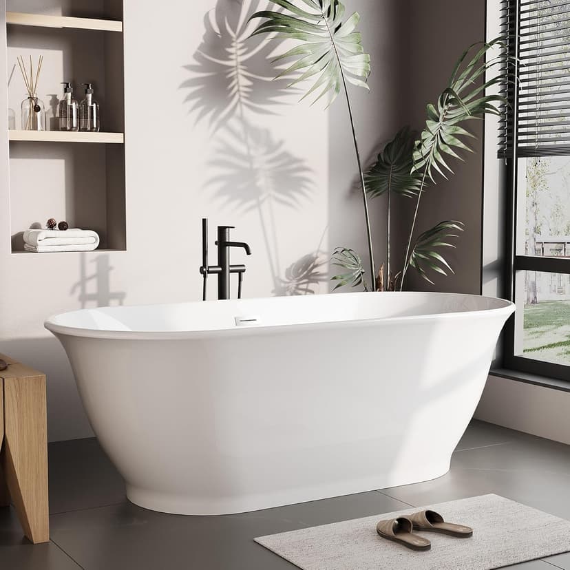 67 Inch Acrylic Freestanding Bathtub, Luxury Oval Soaking Tub, Modern Stand Alone Bath In White, with Chrome Drain, Overflow, Deep Soak Freestanding Tub for Bathroom