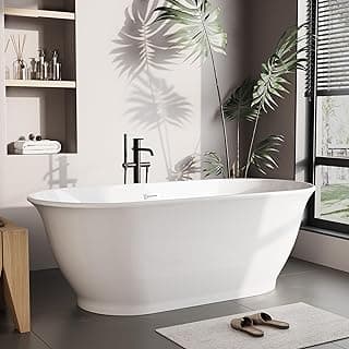 67 Inch Acrylic Freestanding Bathtub, Luxury Oval Soaking Tub, Modern Stand Alone Bath In White, with Chrome Drain, Overflow, Deep Soak Freestanding Tub for Bathroom