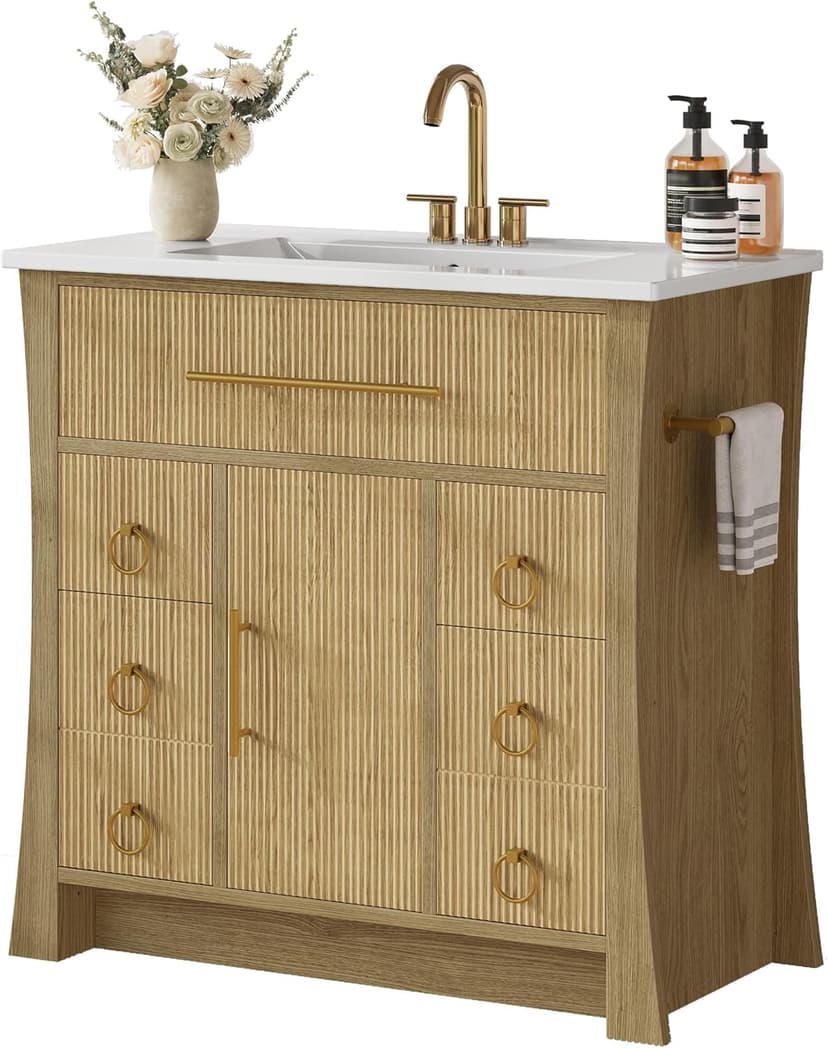IRONCK 36" Bathroom Vanity with Sink, Freestanding Bathroom Sink Cabinet with 4 Drawers & 1 Flip-Down Drawer, Wood Grain Texture, Metal Handle, Farmhouse