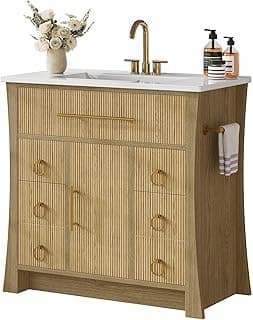 IRONCK 36" Bathroom Vanity with Sink, Freestanding Bathroom Sink Cabinet with 4 Drawers & 1 Flip-Down Drawer, Wood Grain Texture, Metal Handle, Farmhouse
