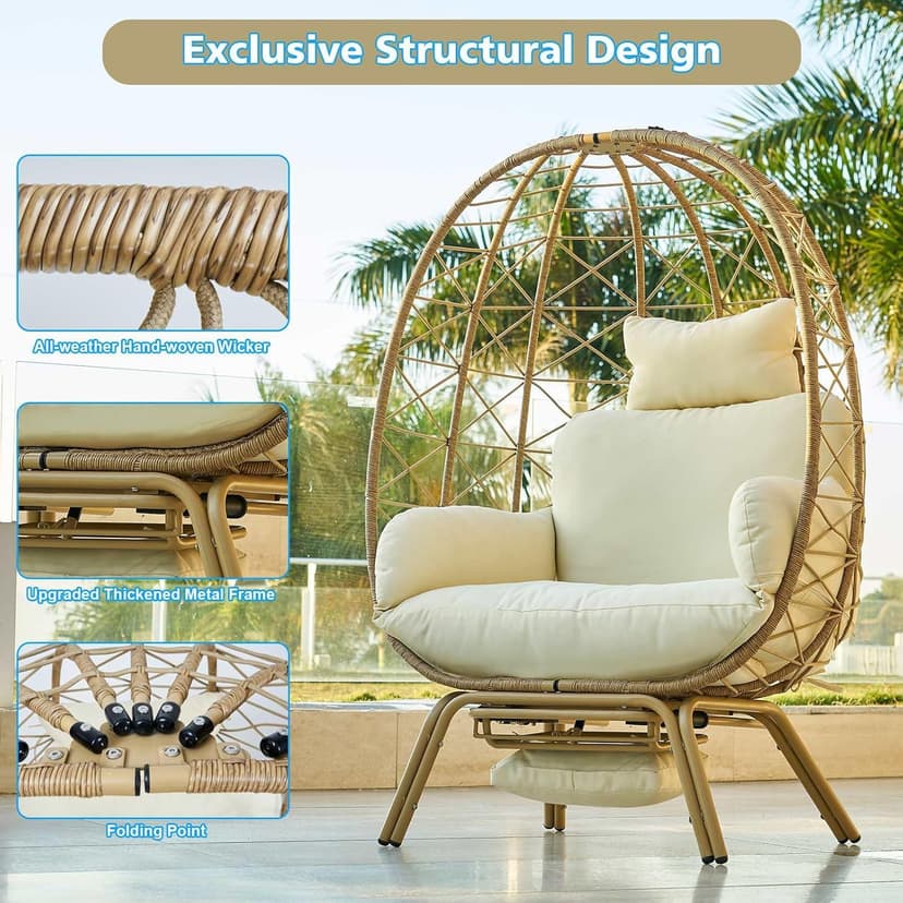 Wicker Egg Chair with Footrest & Cushions - Oversized 450lb Capacity Boho Wicker Egg Chair with Ottoman for Indoor/Outdoor - Beige Rattan Lounge Seat for Patio, Balcony, Garden, Home