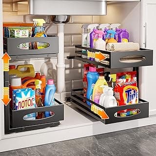 Under Sink Organizer, Pull Out Cabinet Organizers, Slide Sink Steel Shelf Cabinet Storage Shelves, Under Sink Storage for Kitchen Bathroom Cabinet (Black, 2 Pack)