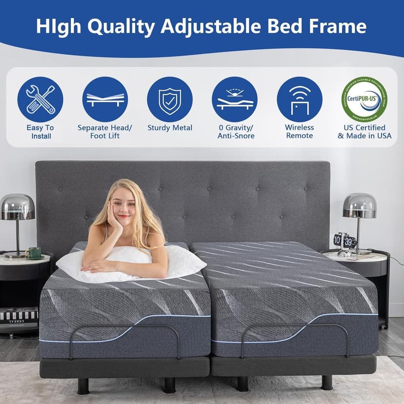 Split King Adjustable Bed Frame with Mattress, 12 Inch Grey Gel Memory Foam Medium-Firm Mattress in Box, Easy Assembly Adjustable Bed Base with Wireless Remote, Smart Electric Bed Frame