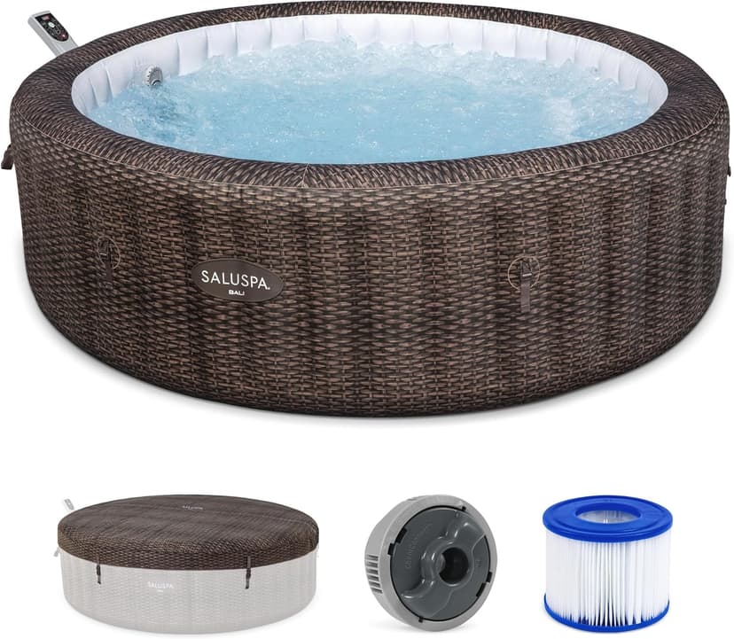 Bestway SaluSpa Bali Smart AirJet Inflatable Hot Tub Round Portable 5-7 Person Spa with 180 AirJets, App Control and EnergySense Cover, Brown Rattan