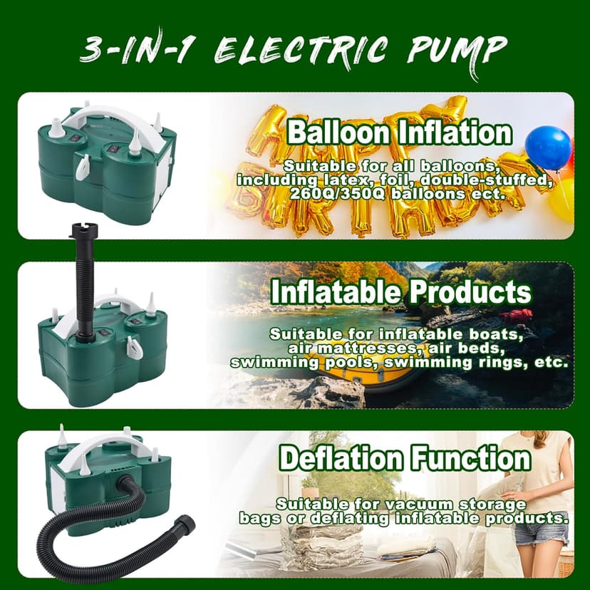 PCFING Balloon Pump Electric, Portable 3-in-1 Air Pump Inflator Blower Machine for Latex 260q Foil All Balloons & Quick-Fill Inflation and Deflation for Air Mattress, Inflatables Pool, Airbeds, Floats