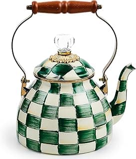 MACKENZIE-CHILDS Enamel Tea Kettle, Stylish Tea Kettle for Stovetop, Green-and-White Emerald Check, 2 Quarts