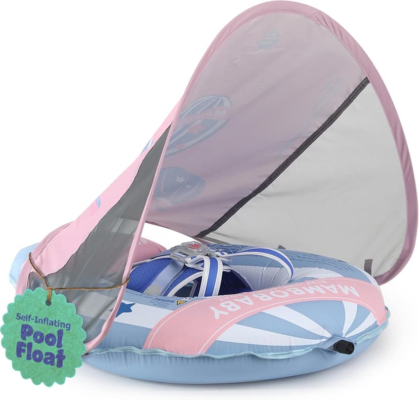 MAMBOBABYFLOAT Light Traveler 2025 — Safe, Comfortable, Adjustable Baby Pool Float with Canopy — Sun Protection, Self-Inflating, 5-Way Buckle System (Hot Air Balloon, Pink)