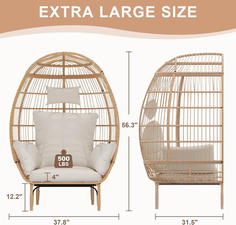 Paito Egg Chair Oversized Lounger, Wicker Egg Rattan Chair Outdoor Indoor, 500 Lbs Egg Shape Balcony Chair for Living Room, Balcony, Backyard