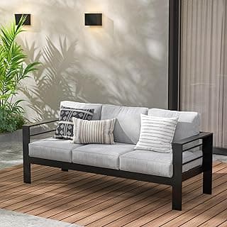 Wisteria Lane Patio Furniture Aluminum Sofa, All-Weather Outdoor 3 Seats Couch, Black Metal Chair with Light Grey Cushions