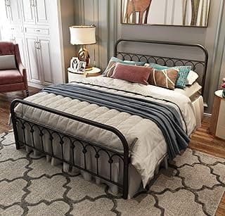 TUSEER Metal Bed Frame Queen Size with Vintage Headboard and Footboard Platform Base Wrought Iron Bed Frame (Queen,Black)