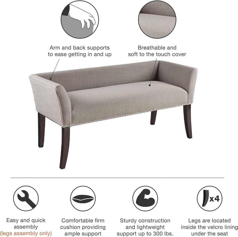 Madison Park Welburn Bedroom Solid Wood Polyester Fabric Seating Modern Style, 49.5"W x 19.25"D x 23"H, Grey