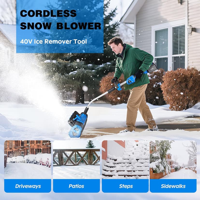 40V Cordless Snow Shovel, 13.5-Inch Battery Snow Blower Electric with Adjustable Directional Plate, 2×20V/4.0Ah Lithium Batteries and Quick Dual-Port Charger Included
