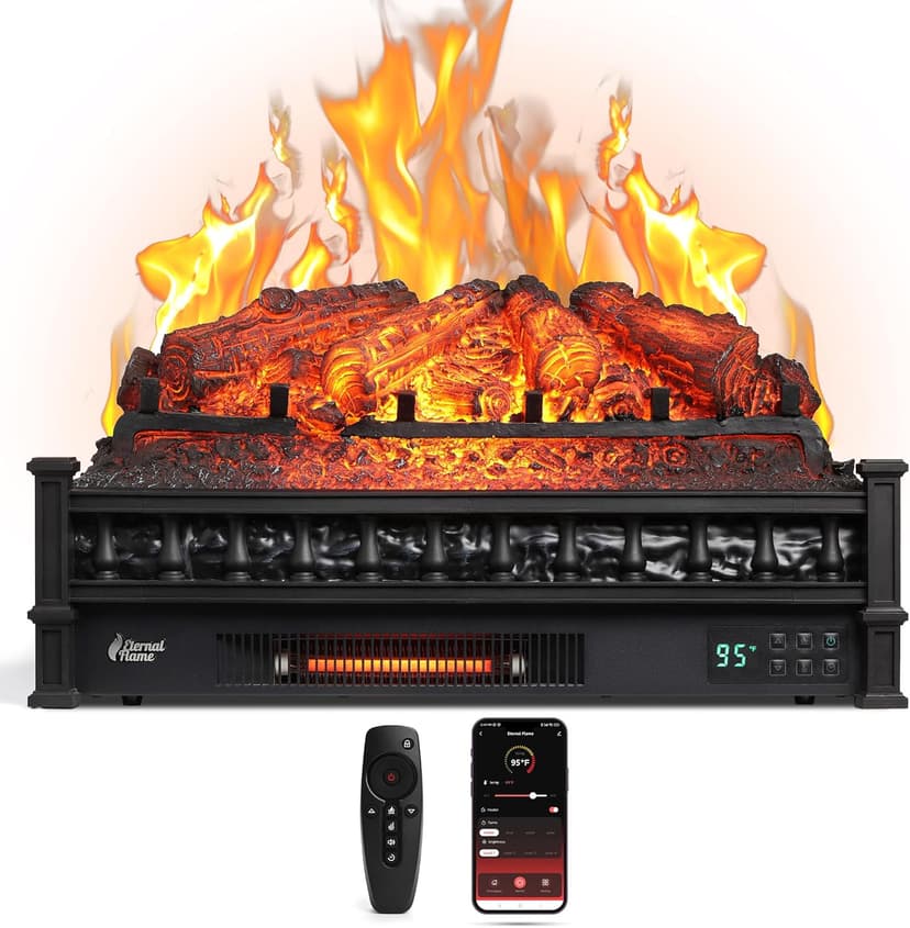 TURBRO Eternal Flame 26 in. WiFi Infrared Quartz Electric Fireplace Log Heater with Sound Crackling, Realistic Pinewood Logs, Adjustable Flame Colors, Remote Control, Thermostat, Timer, 1500W Black
