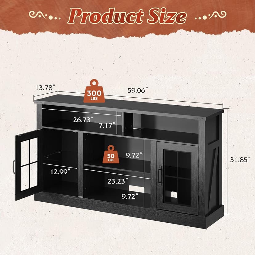 WLIVE Farmhouse TV Stand for 65 Inch TV, Tall Entertainment Center with LED Lights, Mid Century Modern TV Console with Open Shelves and Glass Cabinet Doors for Living Room and Bedroom, Black