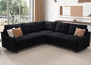 HONBAY Convertible Sectional Sofa L Shaped Couch for Small Apartment Reversible Sectional Couch for Living Room,Velvet Black