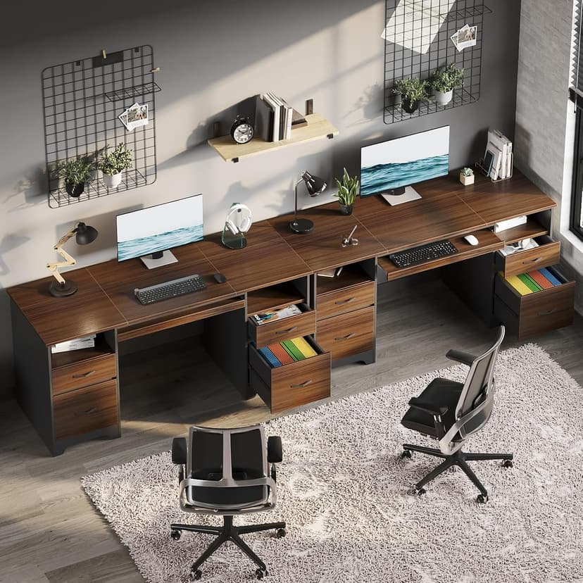 Bestier 59” Computer Desk with 4 Drawers, Office Desk with Storage, Industrial Executive Desk with File Drawer, Keyboard Tray & 2 Pedestals for Home Office & Studio, Cherry