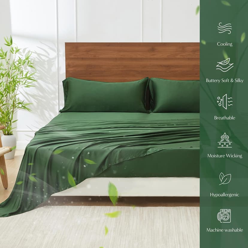Simple&Opulence 100% Organic Viscose Derived from Bamboo Bed Sheet Set 4 Piece, Breathable Cooling Bedding Set with 15" Deep Pockets, Luxury Ultra Soft for Hot Sleepers (Dark Green,King)