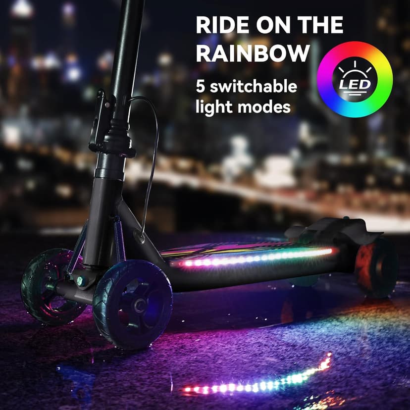 4-Wheel Electric Scooter for Kids w/250W Brushless Motor, Up to 10 MPH & 8.5 Miles, Rainbow Lights, LED Display, 5 Speed & Adjustable Balance, Foldable Kids Electric Scooter, UL 2272 Certified