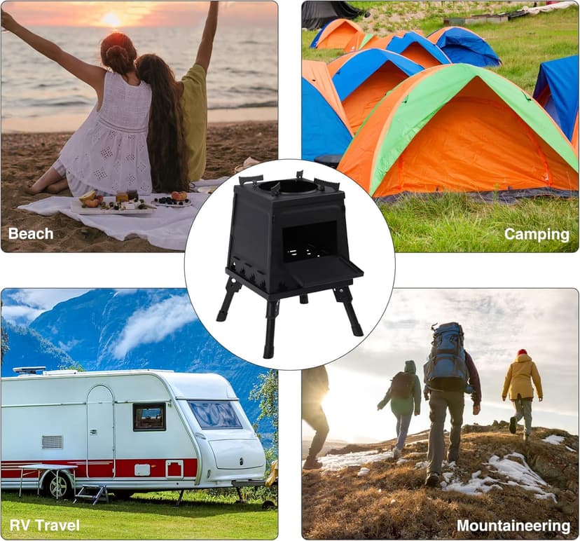 Lineslife Wood Burning Camp Stove, Portable Cast Iron Camping Wood Stove, Black Woodstove with Carrying Case for Backpacking Outdoor Cooking